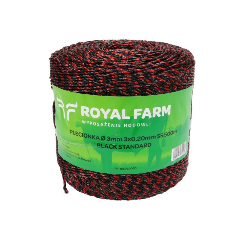 Plecionka, do elektryzatora 3mm, 3x0,20mm SS czarno-pomarańczowa 500m, Royal Farm