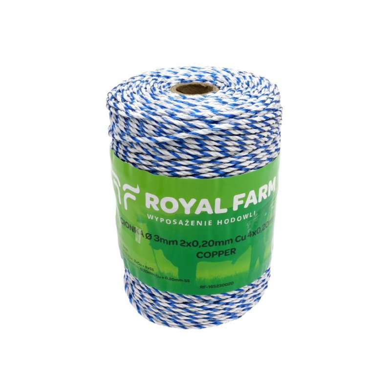 Plecionka, do elektryzatora 3mm, 2x0,20mm Cu, 4x0,20mm SS biało-niebieska 200m, Royal Farm