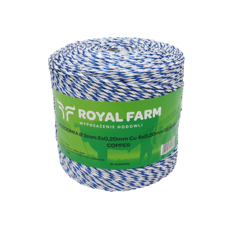 Plecionka, do elektryzatora 3mm, 2x0,20mm Cu, 4x0,20mm SS biało-niebieska 500m, Royal Farm