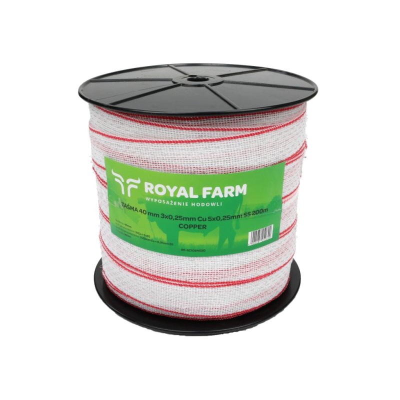 Taśma, do elektryzatora 40mm, 3x0,25mm Cu, 5x0,25mm SS biało-czerwona 200m, Royal Farm