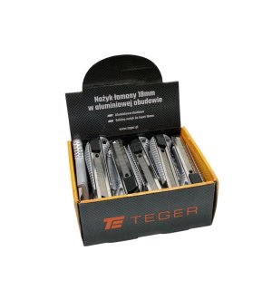 Nożyki łamane 18mm w aluminiowej obudowie w kartoniku ekspozycyjnym (zestaw 24 sztuk) Teger