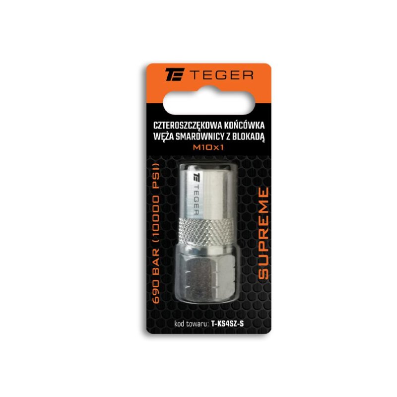Czteroszczękowa końcówka węża smarownicy z blokadą M10x1. 690 BAR (10000 PSI) Supreme TEGER