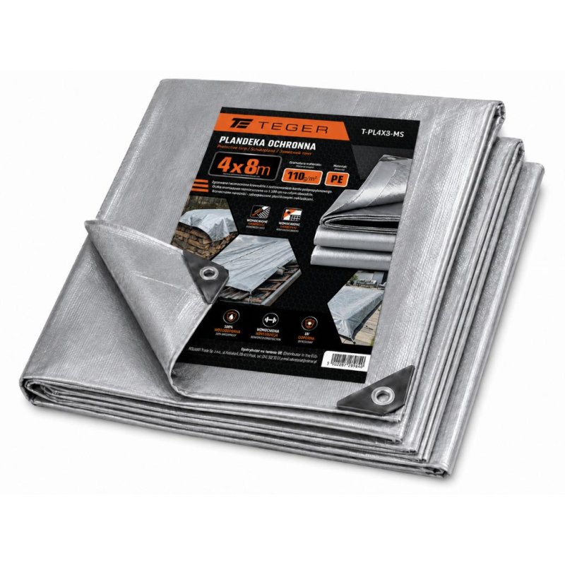 PLANDEKA MOCNA SREBRNA GRAMATURA TEGER 110G/M2 110GM2 4X8M T-PL4X8-MS