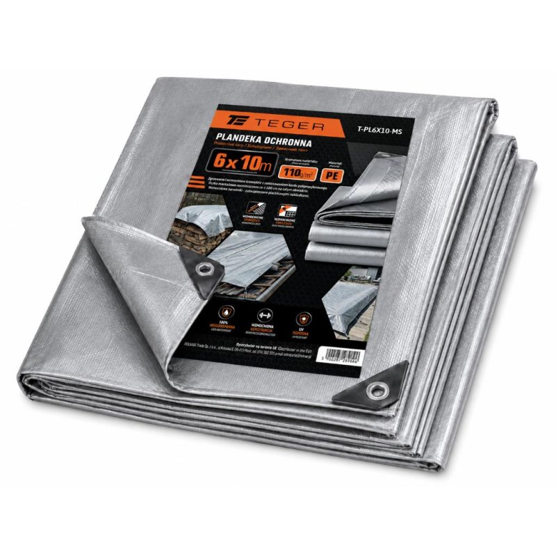 PLANDEKA MOCNA SREBRNA GRAMATURA TEGER 110G/M2 110GM2 6X10M T-PL6X10-MS