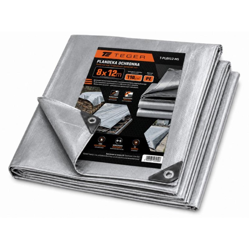PLANDEKA MOCNA SREBRNA GRAMATURA TEGER 110G/M2 110GM2 8X12M T-PL8X12-MS
