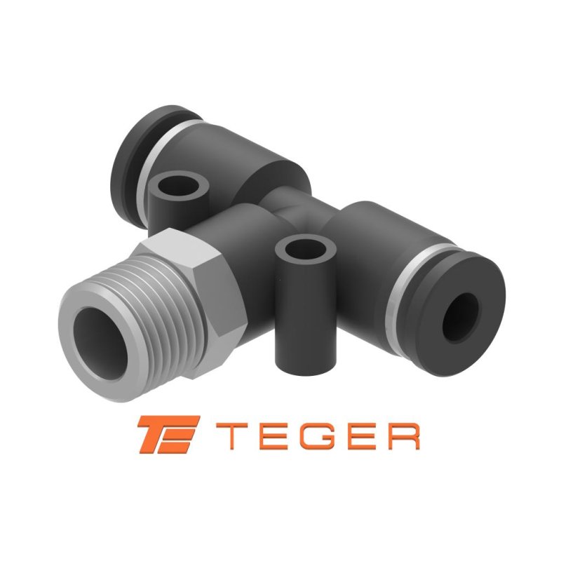 Trójnik wtykowy tekalan (typ T) z gwintem zewnętrznym (teflon) u góry 6mm x 3/8" TEGER, (sprzedawane po 5)