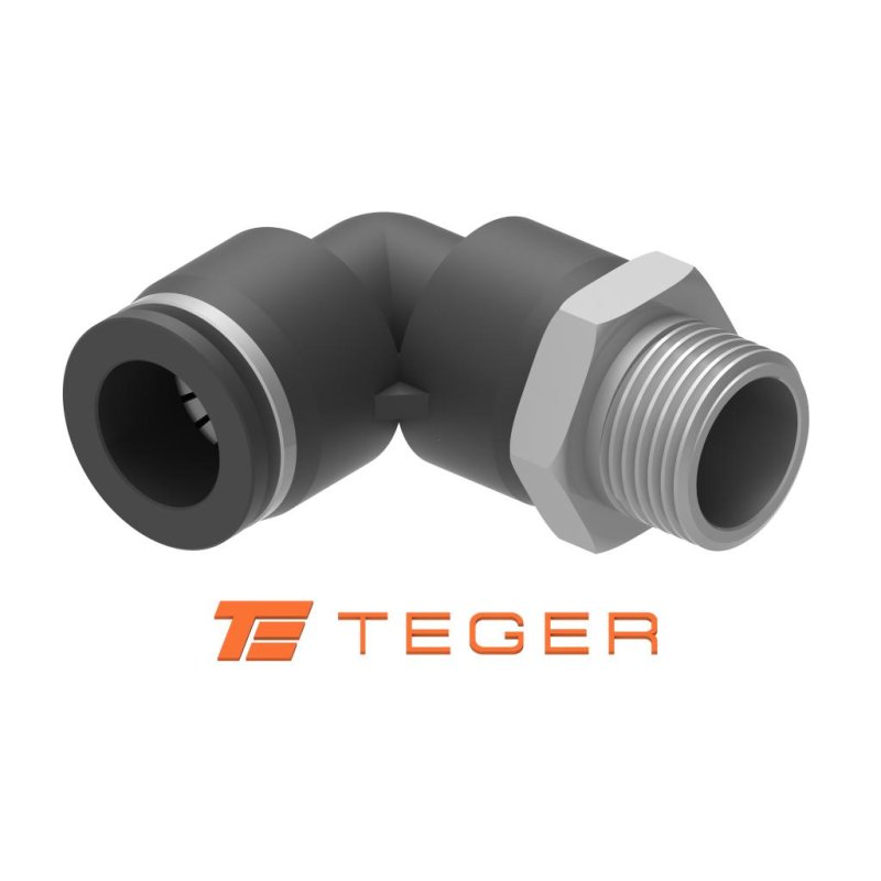 Kolanko wtykowe tekalan (90 stopni) z gwintem zewnętrznym (teflon) 6mm x M5 (0,8mm) TEGER, (sprzedawane po 10)